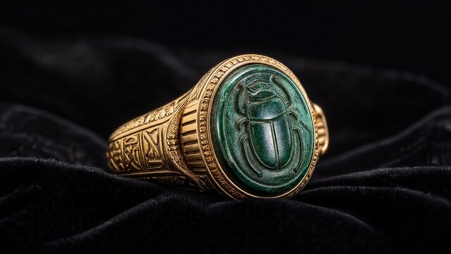 khepri. Ornate scarab beetle gemstone seal ring on black velvet with detailed carving. wildlife magazines, conservation campaigns, designed for eco-tourism storytelling, used by recruiters.