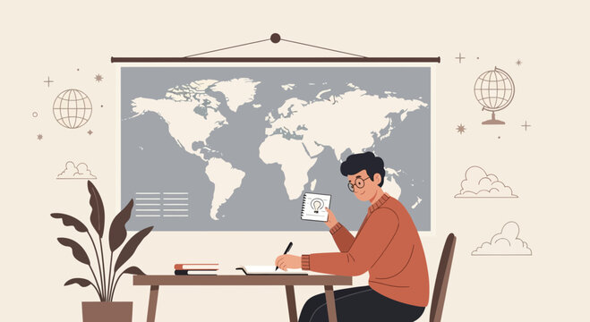 Student studying geography at desk with world map backdrop, learning, education concept