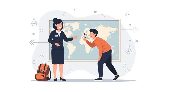 Teacher showing world map to student, travel planning, education, geography concept