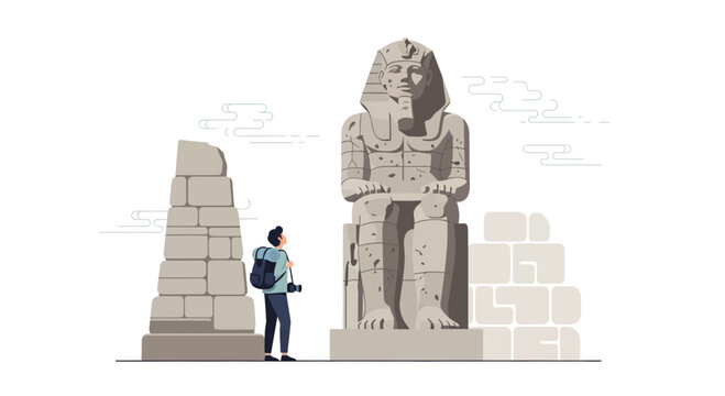 Tourist admires ancient Egyptian pharaoh statue and ruins, exploring historical landmarks