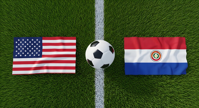 Soccer ball on green grass field pitch between wavy flags of United States and Paraguay international football match concept