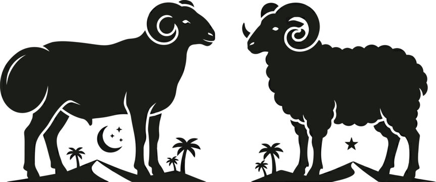 Black silhouette of two rams facing each other on a transparent background with palm trees