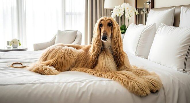Elegant afghan hound dog with long golden fur resting comfortably on a luxurious white hotel bed