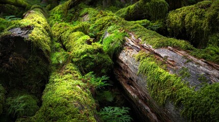Obraz premium Close-up of fallen tree trunks in a lush forest. Vivid green moss covers the decomposing wood, creating a vibrant, textured scene
