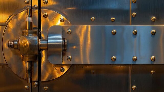 Four images show a locking mechanism on a safe in a bank. The focus is on the shiny metal bolts and plates being locked. The setting suggests evening with warm light on the metals