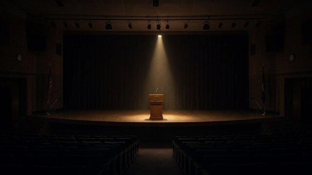 auditorium. An empty school auditorium stage with a spotlight on the podium. real-estate listings, architecture portfolios, designed for architectural facade and classical detail presentations.