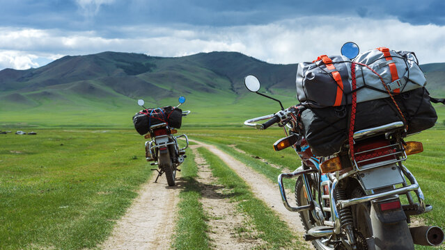 Motorcycles during a road trip in Mongolia 