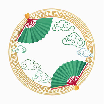 Traditional Chinese Decorative Elements with Fans and Clouds