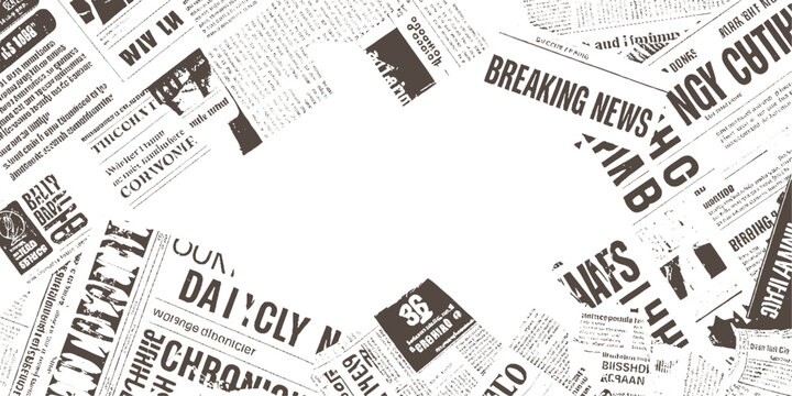 Overlapping vintage newspaper clippings with bold headlines and text in brown and white