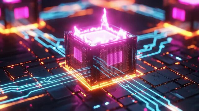 Glowing neon cube on futuristic circuit board with abstract technology design