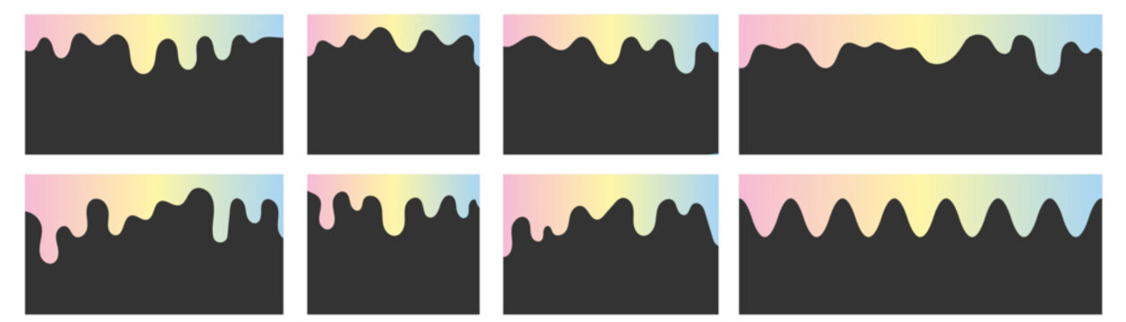 Shape liquid rainbow for melt drip flow and color paint fluid. Holographic candy sauce for background pouring border and frame drop vector. Shape dye sweet for melt fluent syrup and drip runny food.
