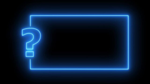 Question mark neon sign light on black background. Quiz trivia game competition. blue neon question mark frame for quizzes and FAQs. Game announcement.4k motion video.