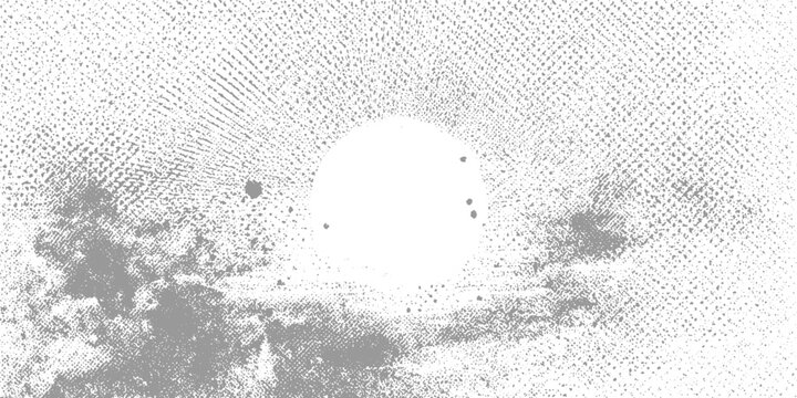 Abstract circular sunburst pattern with textured grey clouds and dots white