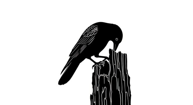 Black crow silhouette, perched bird, on wooden stump, monochrome illustration