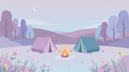 Camping Scene With Tents And Fire Vector Illustration © Abdul