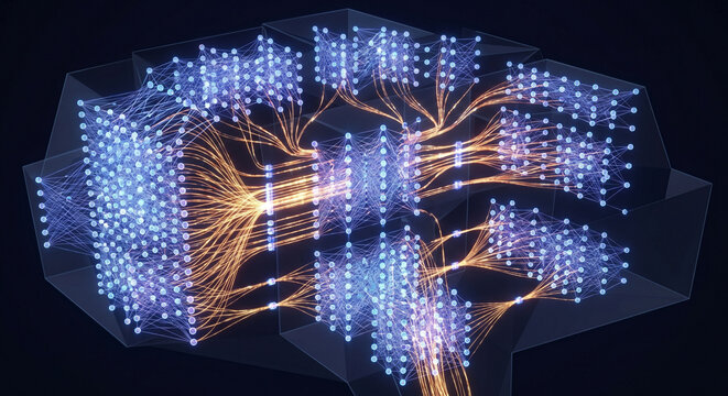 3D abstract neural network. Deep learning computer data connection model
