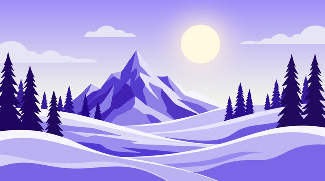 Winter mountain landscape vector illustration with a pale purple color scheme