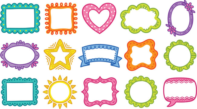 Colorful, scribble-style doodle frames featuring whimsical scalloped edges.