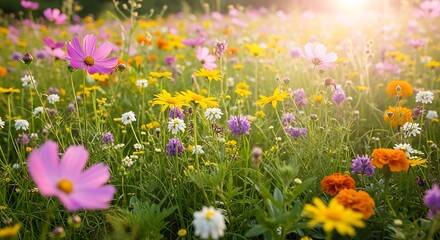 Fototapeta premium A lush meadow bursting with colorful wildflowers basking in warm sunlight, evoking summer joy and relaxation.