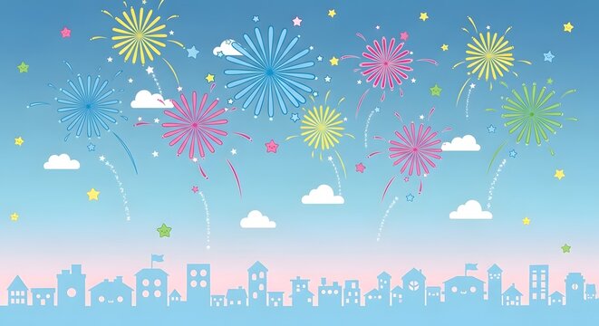 Festive fireworks illuminating the sky above a charming cityscape, creating a magical and celebratory atmosphere perfect for special occasions