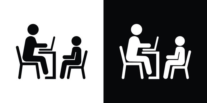 Vector icon of a professional working on a laptop at a desk while interviewing or consulting with a client sitting opposite.