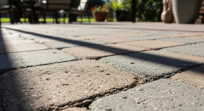 Close-up view of textured concrete pavers with natural stone-like finish forming an outdoor patio surface