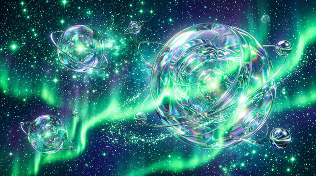 オーロラが輝く緑の宇宙に浮かぶ透明なクリスタル惑星とY2Kサイバー背景