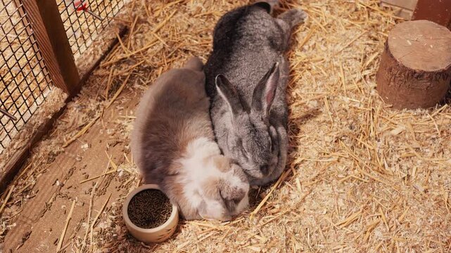 Two Gray Rabbits Cuddling Together Beside a Food Bowl in a Sunlit Straw Enclosure &mdash; Togetherness, Animal Bonding, Gentle Farm Life