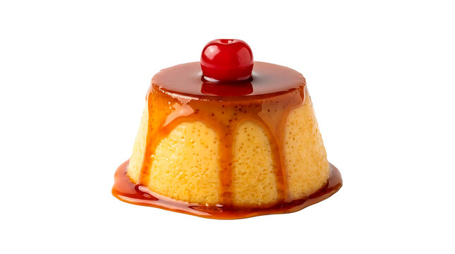 Delicious flan dessert with a glossy caramel sauce and a cherry on top