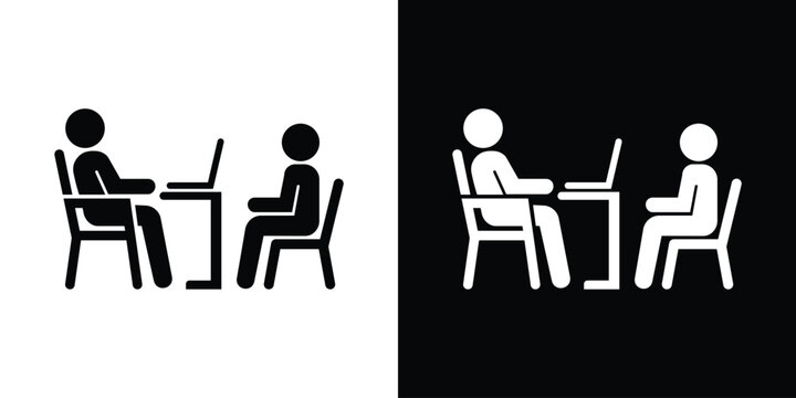 Vector icon of a professional working on a laptop at a desk while interviewing or consulting with a client sitting opposite.