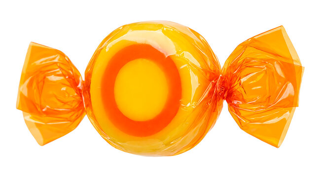 A round orange candy with yellow and orange rings inside, wrapped in crinkled orange cellophane