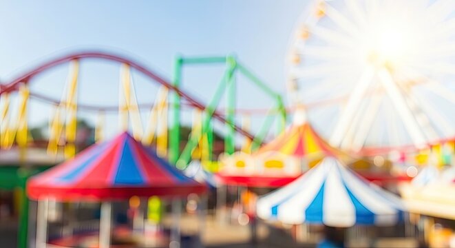 Blurred Amusement Park Fun with Colorful Tents and Roller Coasters.