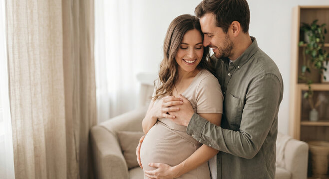 Happy smiling man hugging his pregnant wife from behind as she holds her baby bump.
