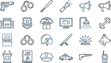 Police and Security Line Icons Set with Law Enforcement Equipment Emergency and Protection Symbols © Natasa.White