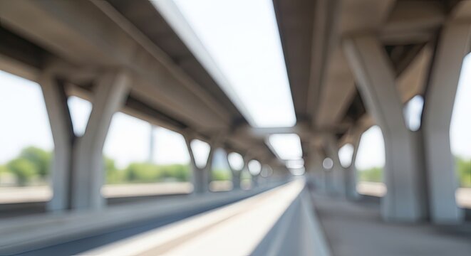 Blurred perspective of an elevated highway overpass with concrete pillars and bright sky.