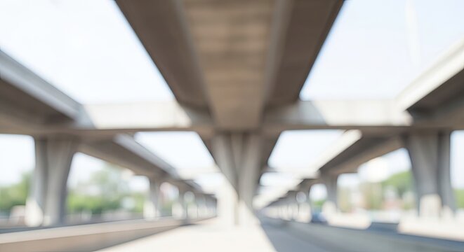 Blurred perspective of an elevated highway or railway structure with multiple concrete beams and pillars.