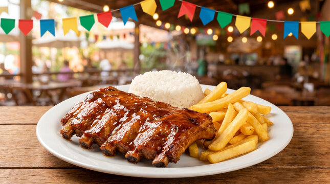 Delicious grilled BBQ pork ribs with barbecue sauce, served with white rice and crispy french fries on a white plate in a festive outdoor Festa Junina restaurant setting.