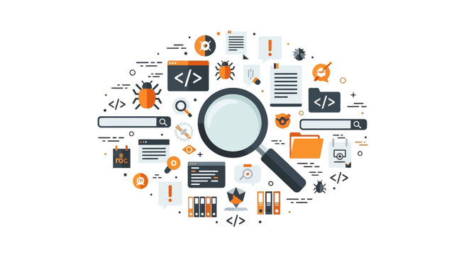 Software Debugging and Code Analysis Flat Vector Illustration - Quality Assurance, Bug Hunting, and Data Search Concept