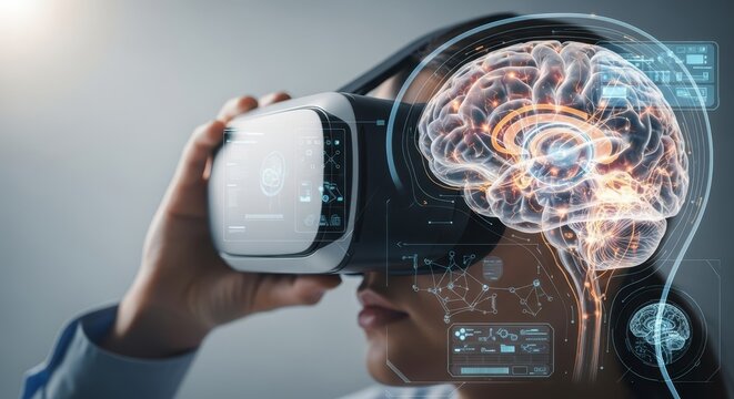 Person experiencing virtual reality with brain visualization overlaid on a futuristic headset, exploring digital consciousness