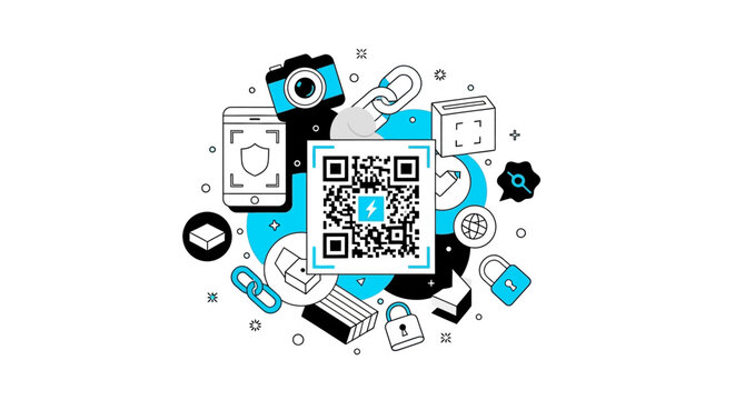 Secure QR Code Scanning and Digital Connectivity Vector Illustration for Cyber Security, Blockchain, and Mobile Technology Marketing
