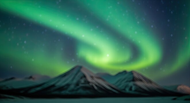 Stunning Aurora Borealis over Snow-Capped Mountains at Night.