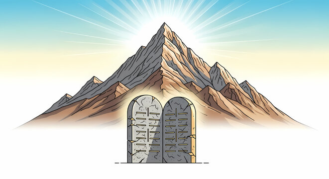 Stone tablets of the ten commandments on a mountain peak