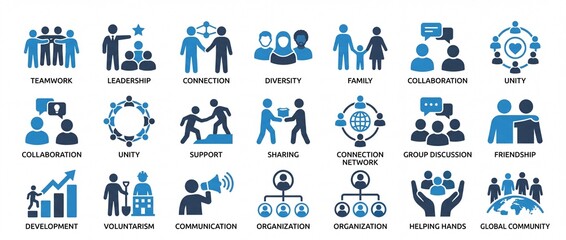Fototapeta premium Collection of blue icons representing teamwork leadership connection diversity family unity and collaboration concepts for business and social themes