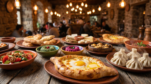 Traditional Georgian cuisine dishes on a restaurant table. Selective focus on delicious hot khachapuri and khinkali. A perfect culinary feast for amazing dinners tonight.