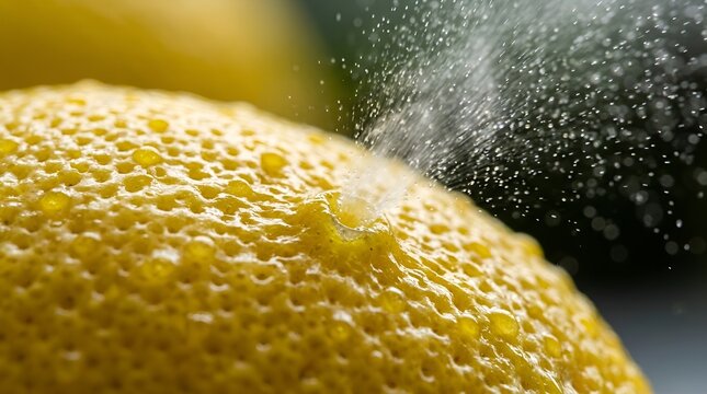 Macro of fresh lemon with water splash and details in yellow