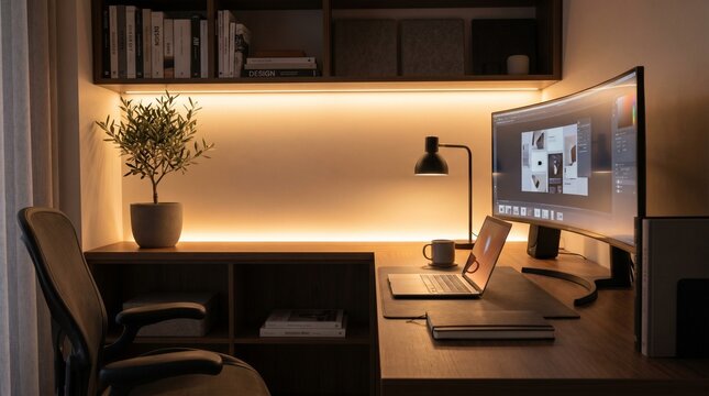 Modern cinematic creator workspace with laptop and ambient lighting