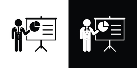 Financial analyst icon featuring a businessman pointing to a pie chart on a presentation screen. Perfect for marketing strategy, corporate report, and data analysis. © bibin