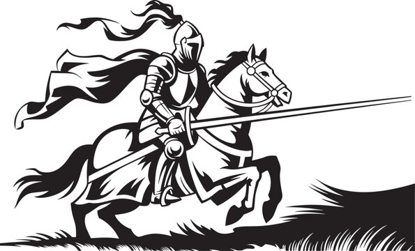 Medieval mounted warrior in full plate armor riding horse with long lance vintage vector illustration