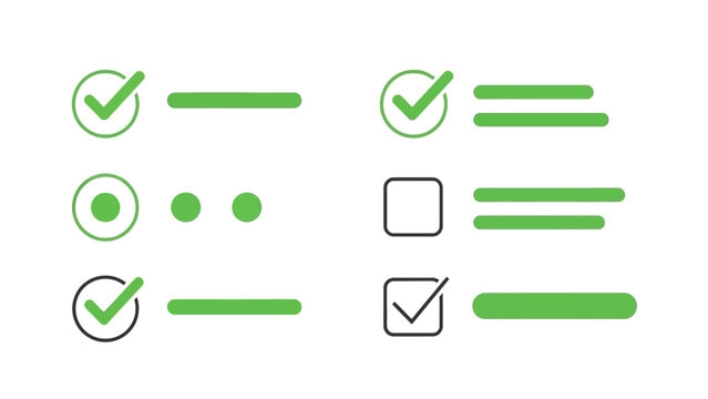 ui ux design elements green checkmark radio button and checkbox for digital selections and task completion.