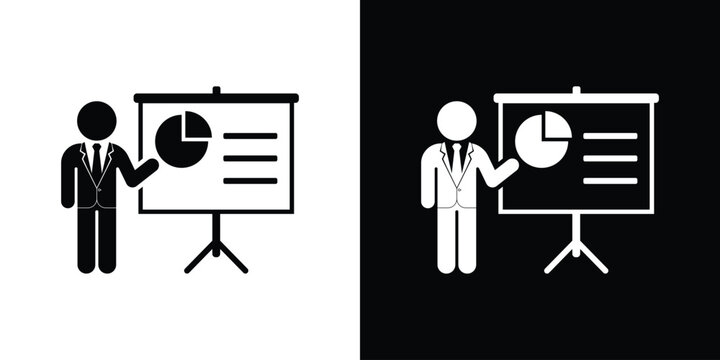 Financial analyst icon featuring a businessman pointing to a pie chart on a presentation screen. Perfect for marketing strategy, corporate report, and data analysis.